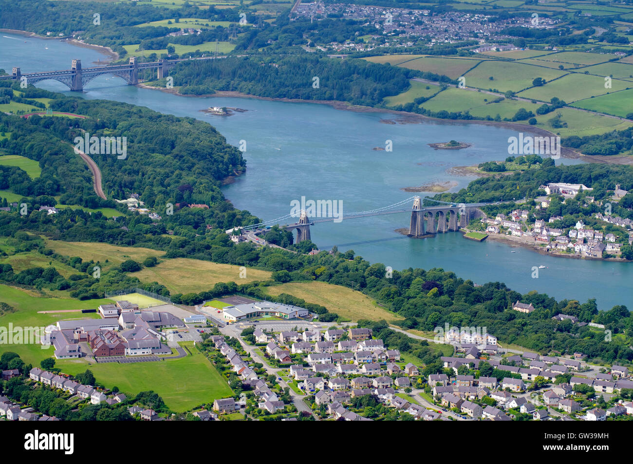 Aerial, Menai Strait and it`s Bridges Stock Photo Alamy